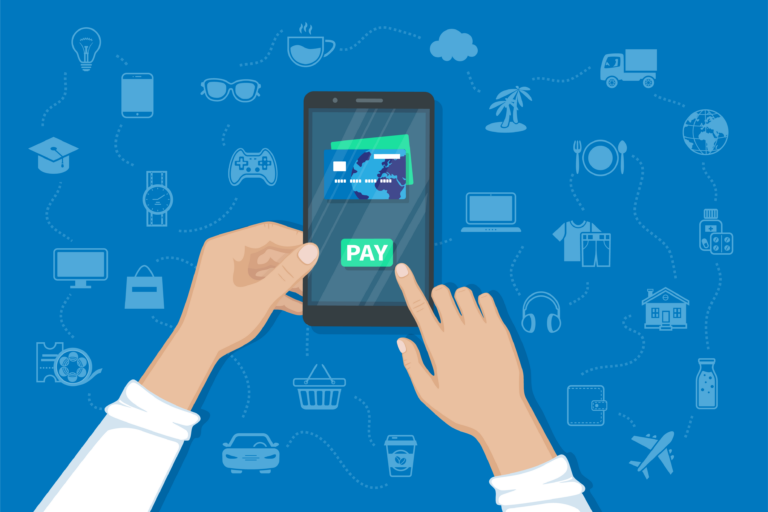 hand on mobile with pay written on screen graphic