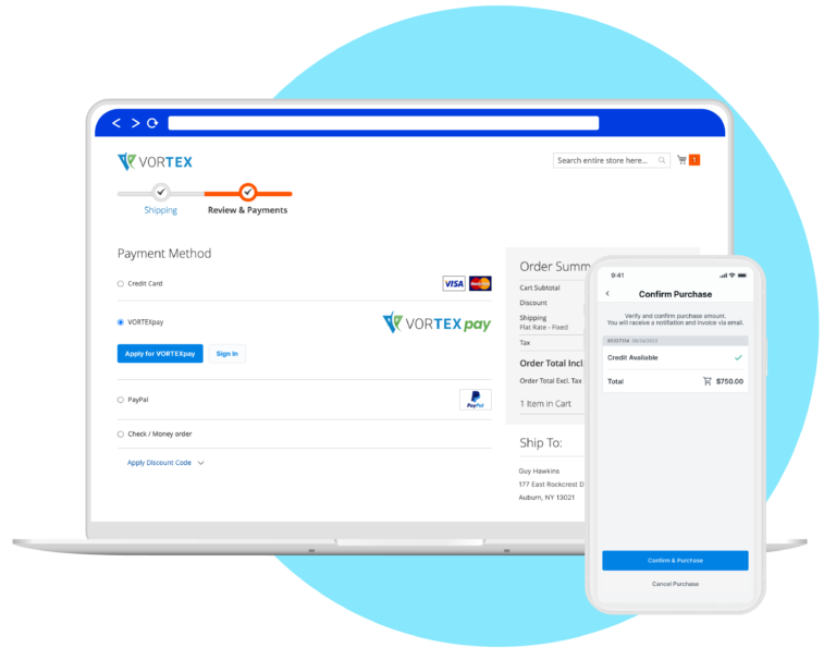 Computer screen and phone screen with Vortex using TreviPay checkout