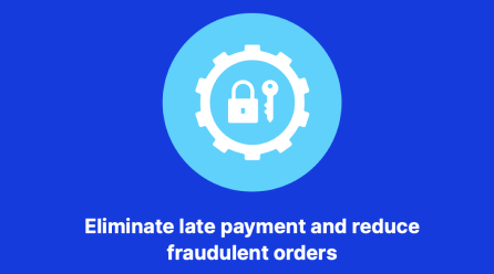 Image from the infographic of a lock and key inside of a gear with the words "eliminate late payment and reduce fradulent orders" underneath