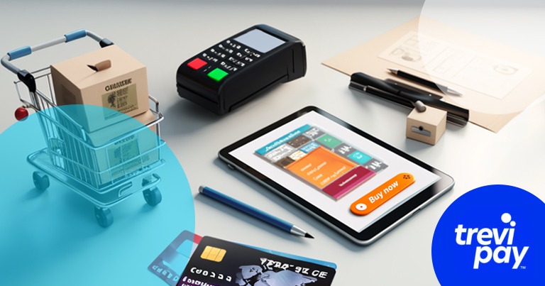 payment device, ipad, credit card, and small shopping cart side by side with trevipay branding