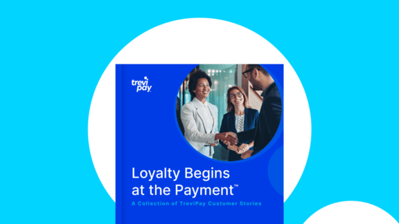 Bright blue background with white TreviPay droplets behind the cover of the TreviPay customer stories book.