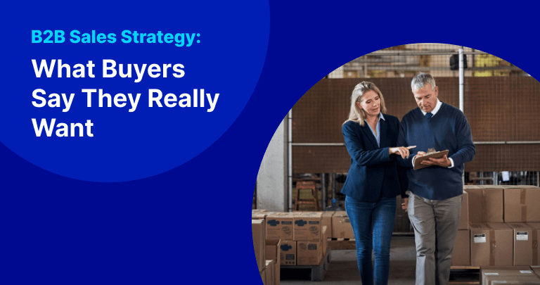 Electric blue background with trevipay droplets featuring two b2b buyers walking with a tablet in a warehouse and the text "B2B Sales Strategy: What Buyers Say They Really Want"