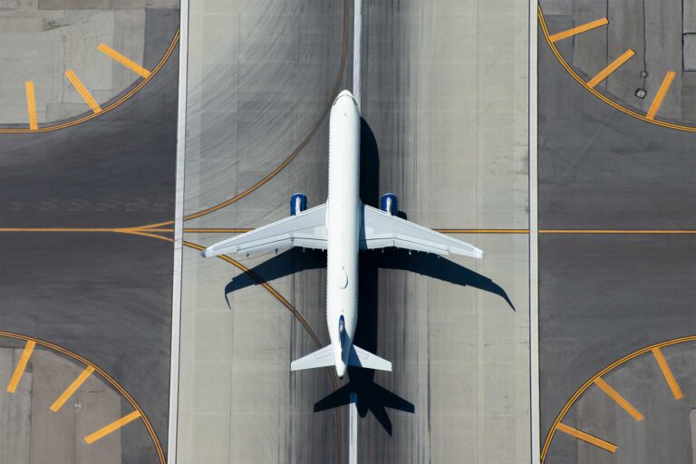 birds eye view of a airplane on a runway