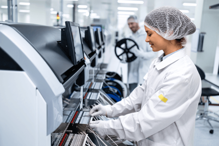 a woman working wearing a lab coat and a hairnet