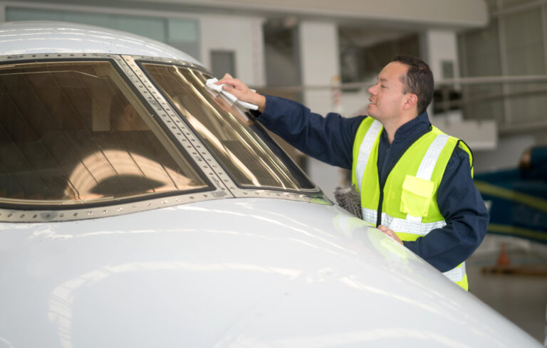 a man holding a towel and cleaning the windows on an airplane
